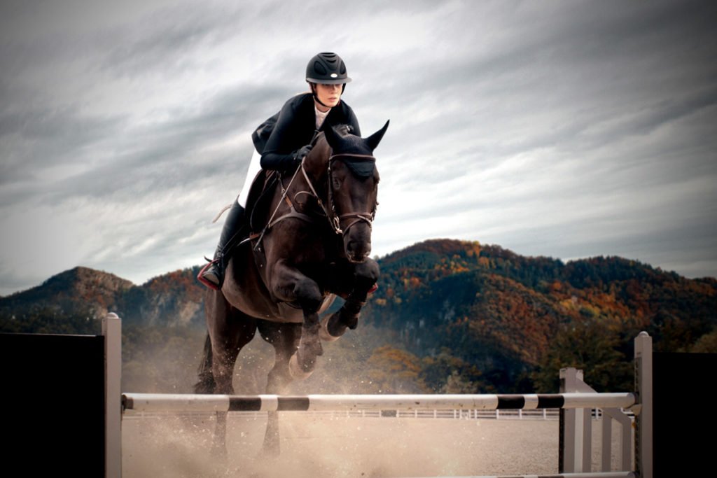 dark horse with a a rider is jumping over a wooden hunter horse jump