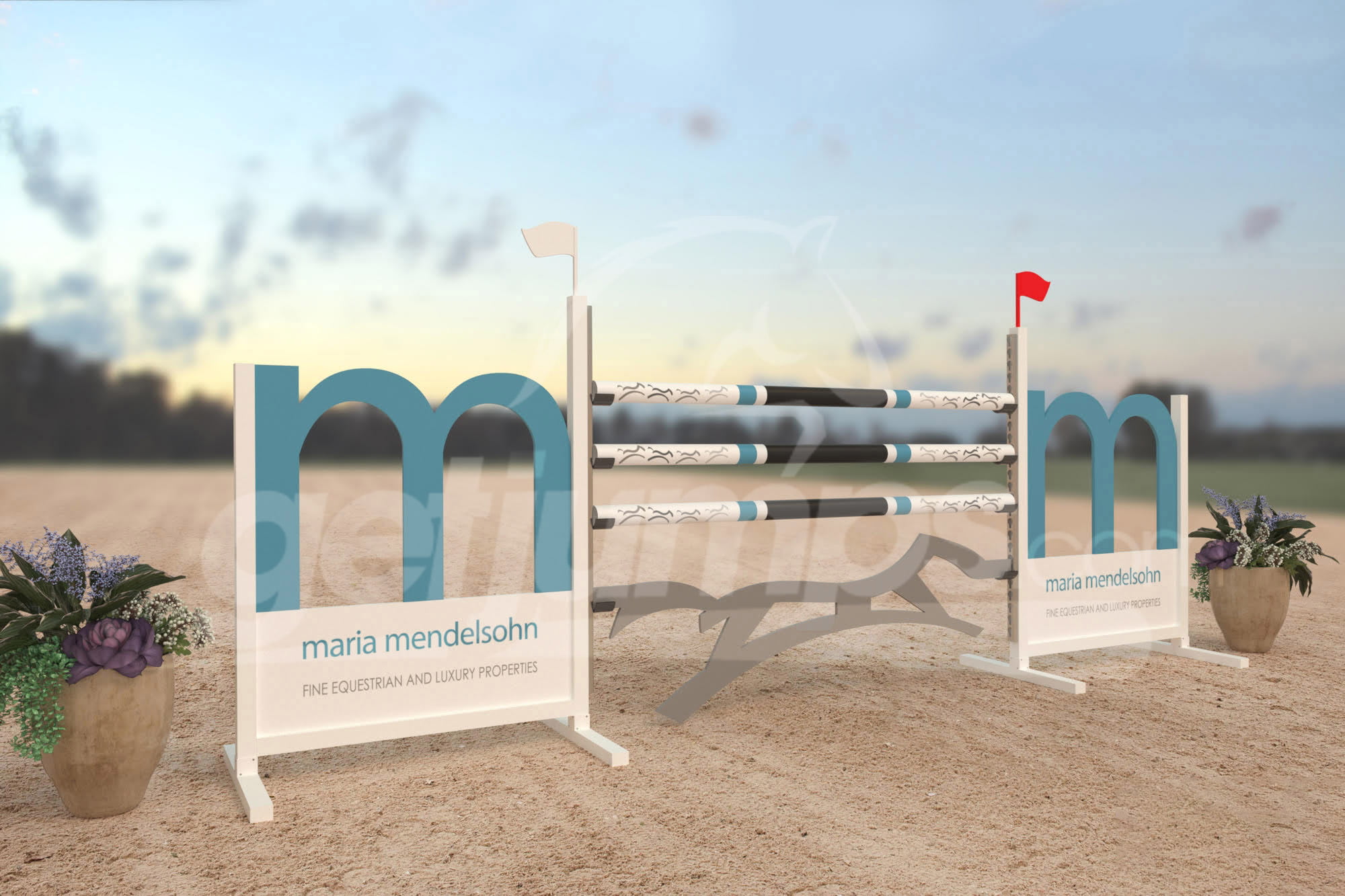 Maria Mendelsohn blue and white themed sponsor jump